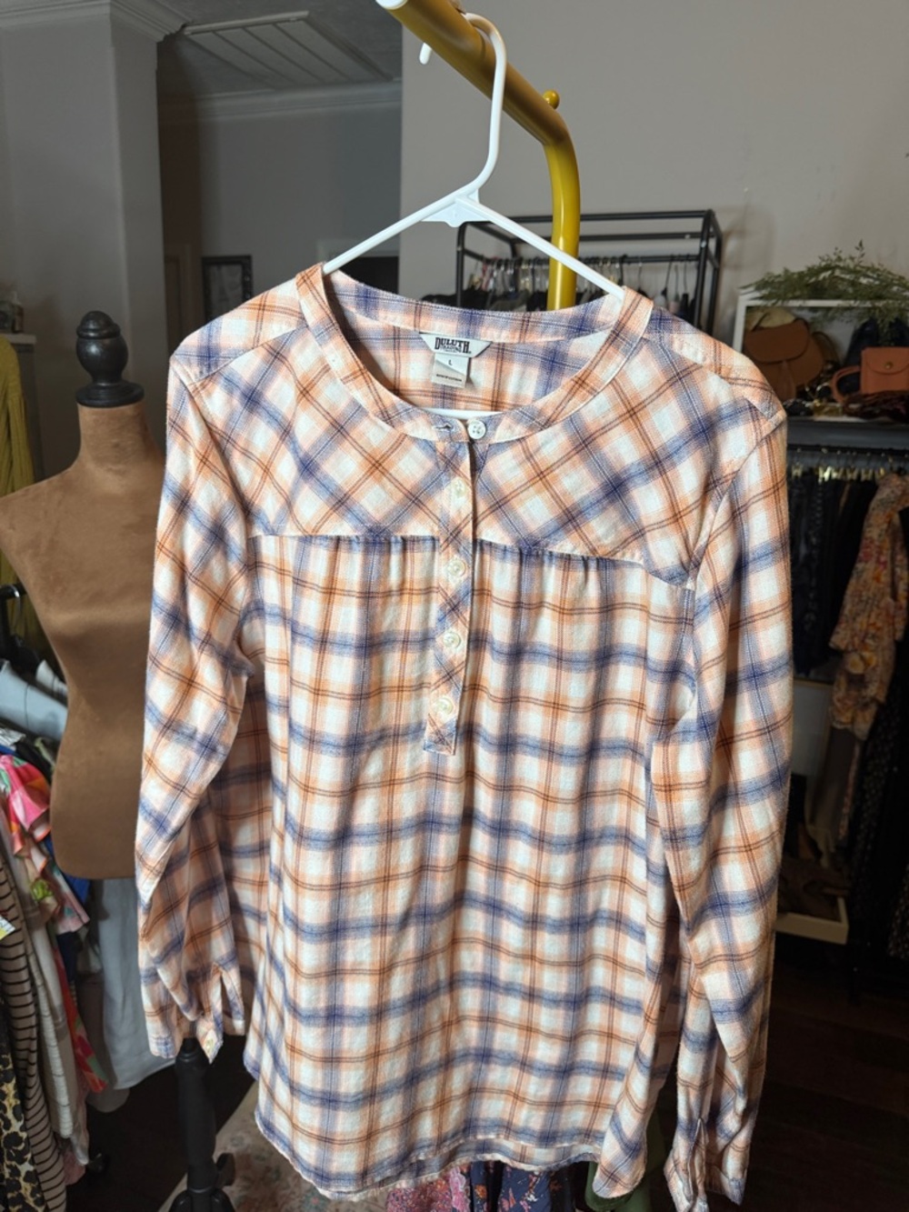 Duluth Trading Co Peach and Navy Plaid Henley